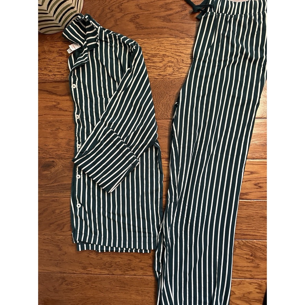 Hanna Andersson Womens M Green White Striped Tencel Pajama Set Top Pants Pocket